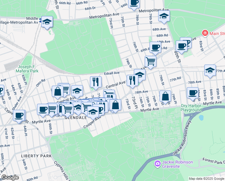 map of restaurants, bars, coffee shops, grocery stores, and more near 71-27 71st Place in Queens