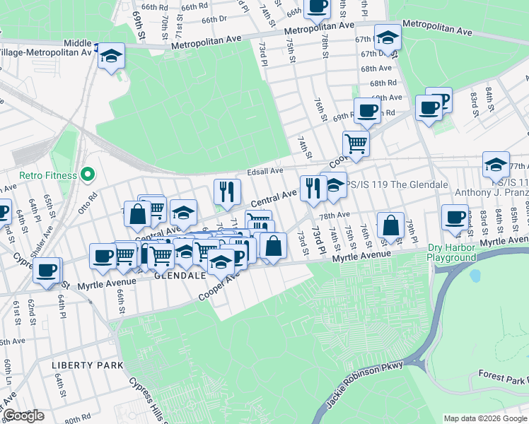 map of restaurants, bars, coffee shops, grocery stores, and more near 71-27 71st Place in Queens