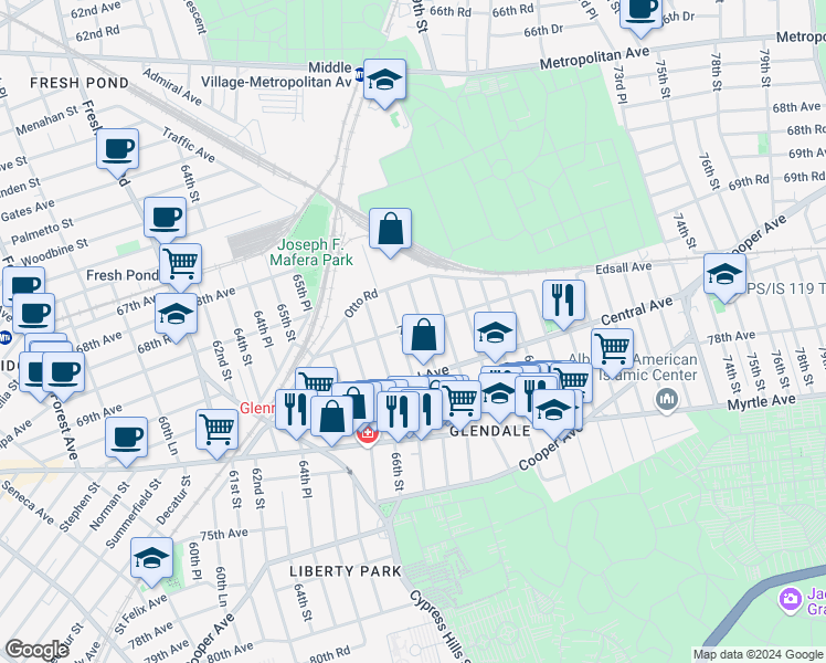 map of restaurants, bars, coffee shops, grocery stores, and more near 70-20 67th Place in Queens