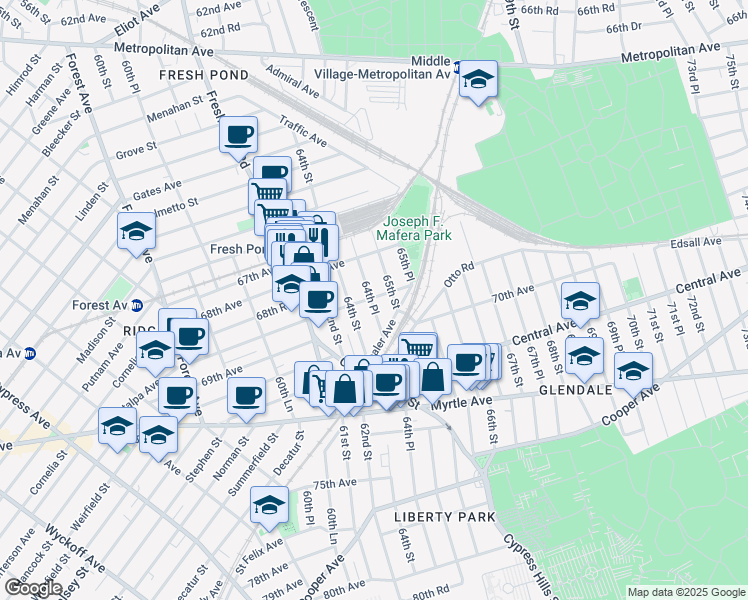 map of restaurants, bars, coffee shops, grocery stores, and more near 69-20 64th Place in Queens