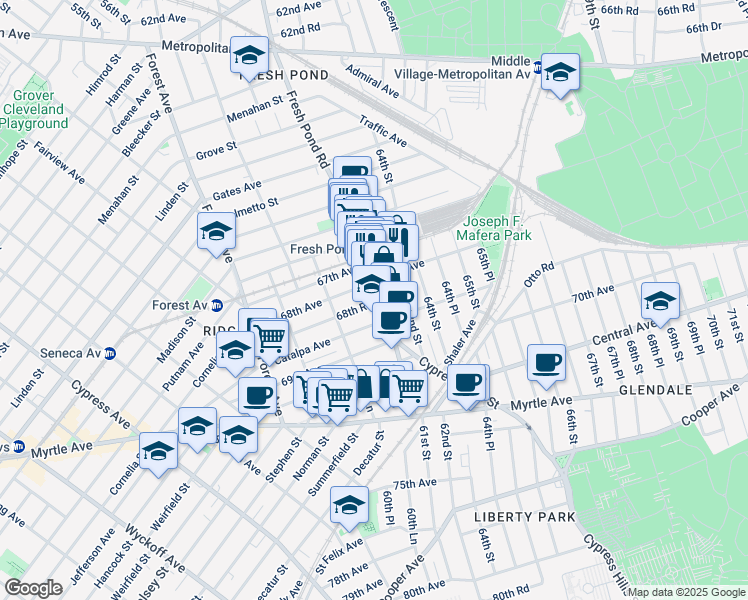 map of restaurants, bars, coffee shops, grocery stores, and more near 68-39 Fresh Pond Road in Queens