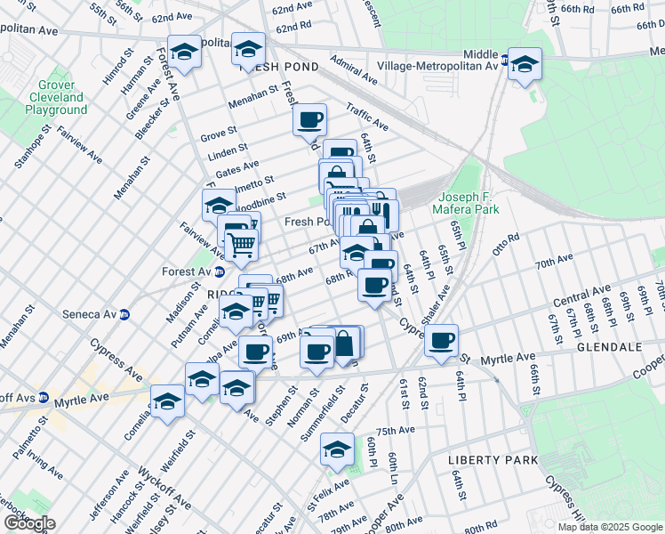 map of restaurants, bars, coffee shops, grocery stores, and more near 60-56 68th Road in Queens