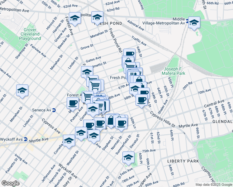 map of restaurants, bars, coffee shops, grocery stores, and more near 60-27 68th Road in Queens