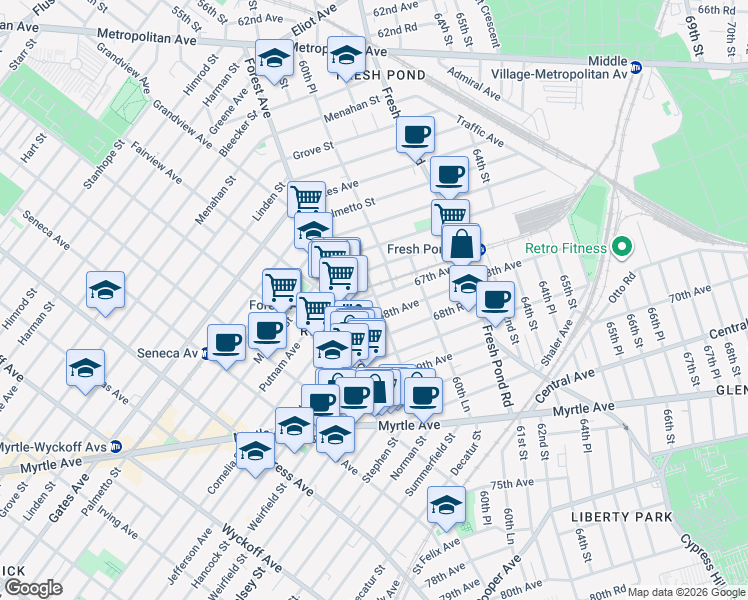 map of restaurants, bars, coffee shops, grocery stores, and more near 67-24 60th Street in Queens