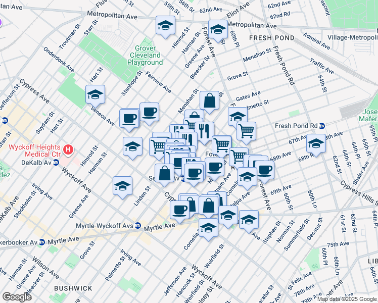 map of restaurants, bars, coffee shops, grocery stores, and more near 6-89 Onderdonk Avenue in Queens