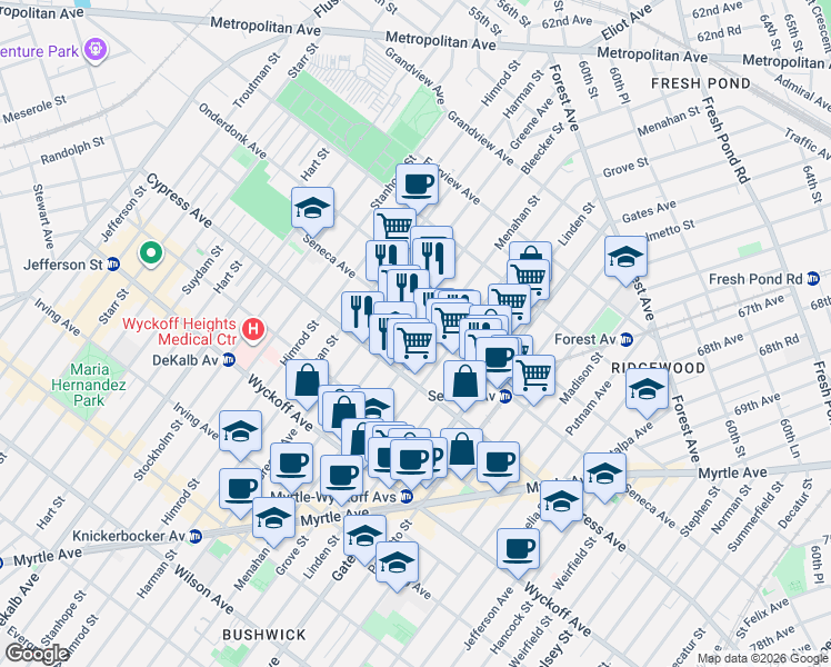 map of restaurants, bars, coffee shops, grocery stores, and more near 17-38 Menahan Street in Queens