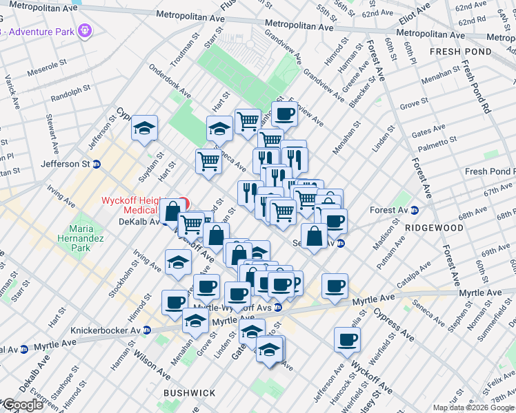 map of restaurants, bars, coffee shops, grocery stores, and more near 236 Cypress Avenue in Brooklyn