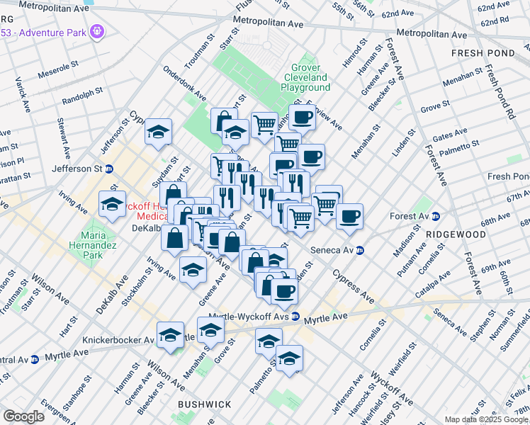 map of restaurants, bars, coffee shops, grocery stores, and more near 1519 Greene Avenue in Brooklyn