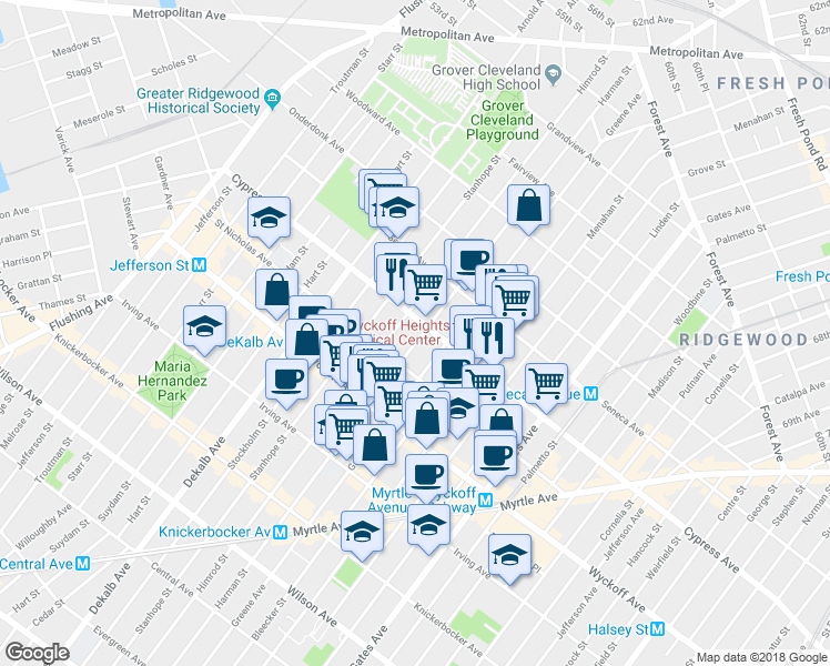 map of restaurants, bars, coffee shops, grocery stores, and more near 1519 Greene Avenue in Brooklyn