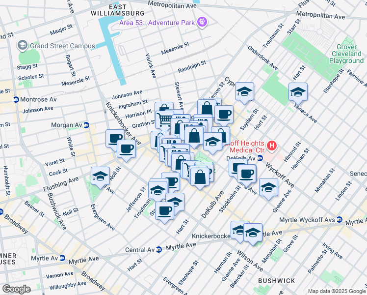 map of restaurants, bars, coffee shops, grocery stores, and more near 163 Starr Street in Brooklyn
