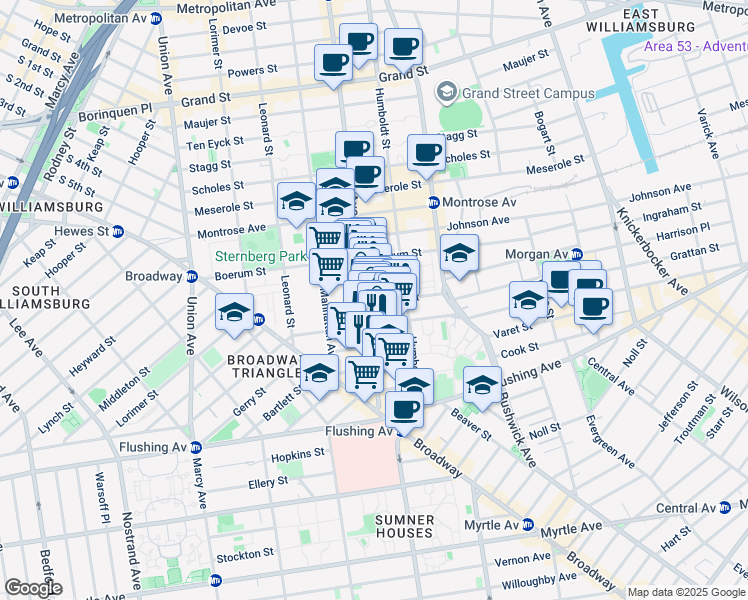 map of restaurants, bars, coffee shops, grocery stores, and more near 69 Moore Street in Brooklyn
