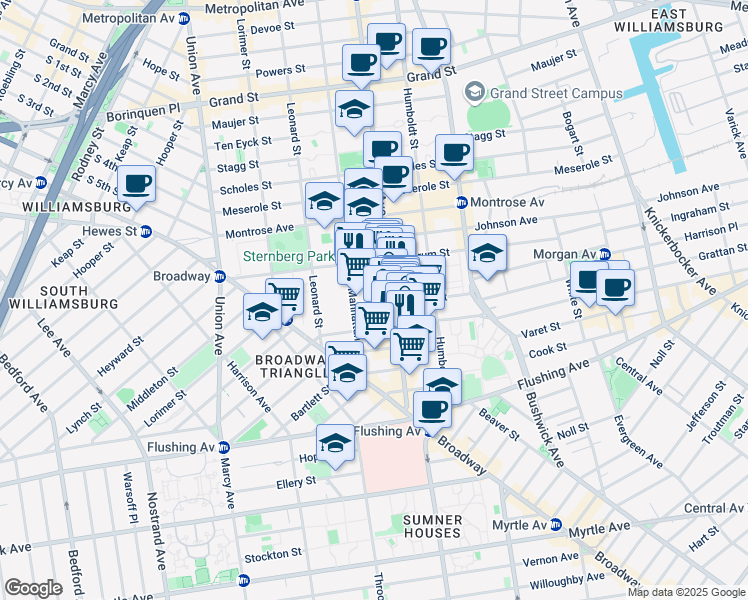 map of restaurants, bars, coffee shops, grocery stores, and more near 50 Manhattan Avenue in Brooklyn