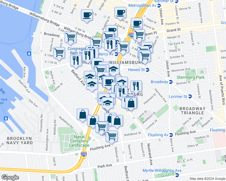 map of restaurants, bars, coffee shops, grocery stores, and more near 139 Hooper Street in Brooklyn