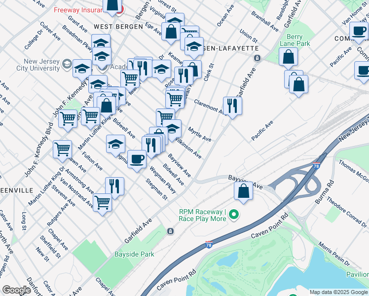 map of restaurants, bars, coffee shops, grocery stores, and more near 46 Arlington Avenue in Jersey City
