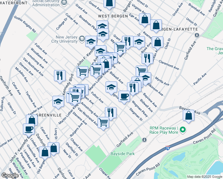 map of restaurants, bars, coffee shops, grocery stores, and more near 135 Stegman Street in Jersey City