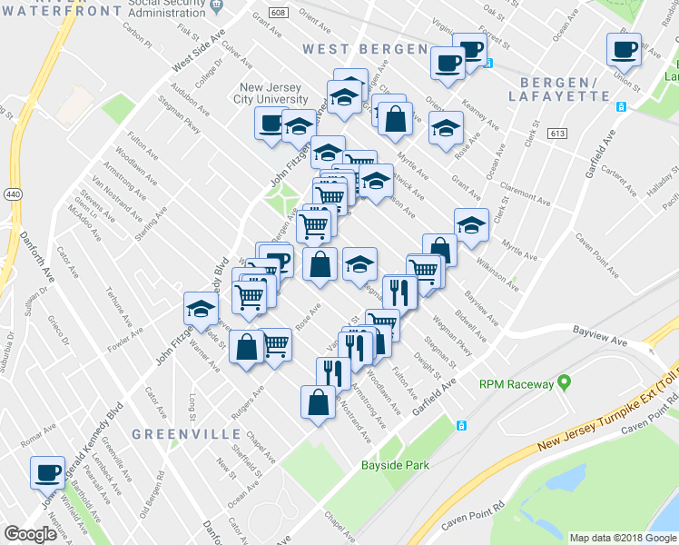 map of restaurants, bars, coffee shops, grocery stores, and more near 175 Dwight Street in Jersey City