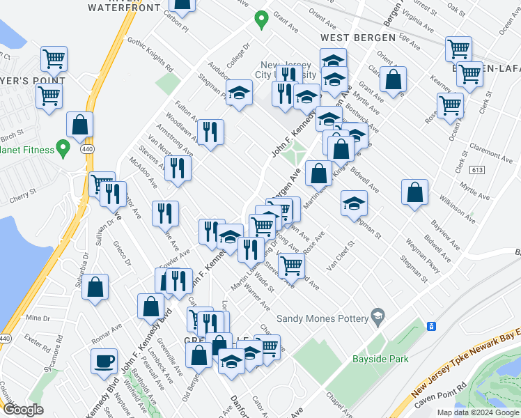 map of restaurants, bars, coffee shops, grocery stores, and more near 12 Bergen Avenue in Jersey City