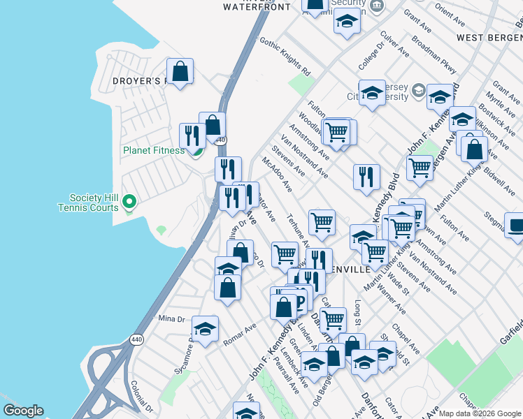 map of restaurants, bars, coffee shops, grocery stores, and more near 371 Cator Avenue in Jersey City