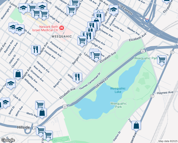 map of restaurants, bars, coffee shops, grocery stores, and more near 705-711 Elizabeth Avenue in Newark