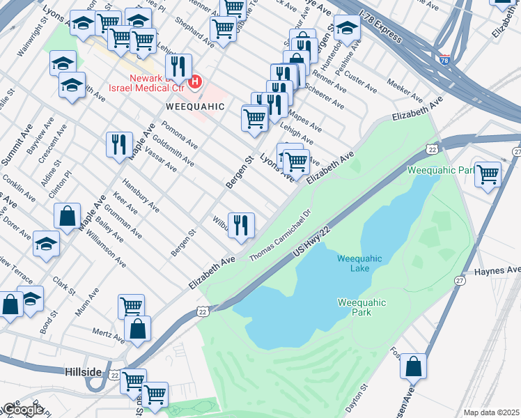map of restaurants, bars, coffee shops, grocery stores, and more near 695 Elizabeth Avenue in Newark