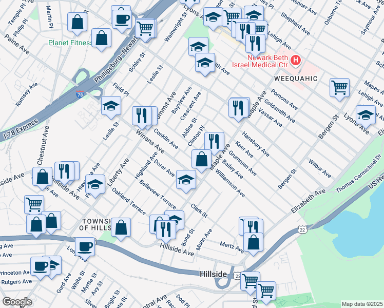 map of restaurants, bars, coffee shops, grocery stores, and more near 230 Conklin Avenue in Hillside