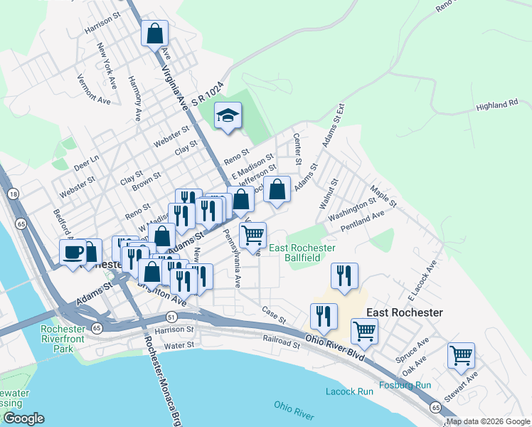 map of restaurants, bars, coffee shops, grocery stores, and more near 507 Jackson Street in Rochester