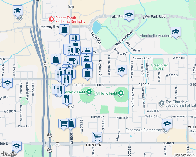 map of restaurants, bars, coffee shops, grocery stores, and more near 3057 Crews Hill Court in West Valley City