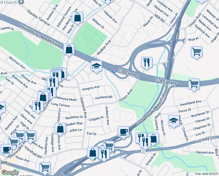 map of restaurants, bars, coffee shops, grocery stores, and more near 9 Hayes Road in Union