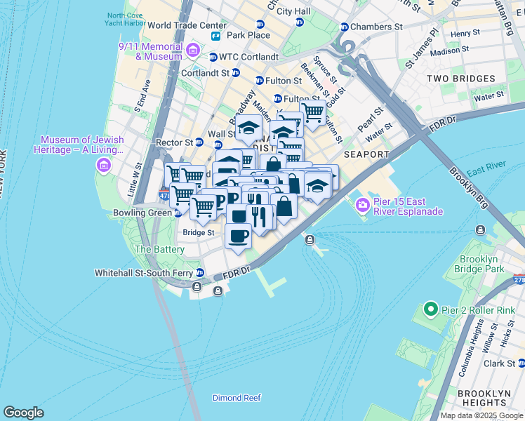 map of restaurants, bars, coffee shops, grocery stores, and more near 110 Pearl Street in New York