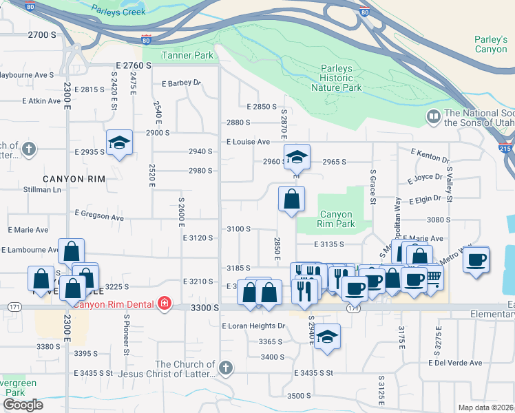 map of restaurants, bars, coffee shops, grocery stores, and more near 2800 East Street in Salt Lake City