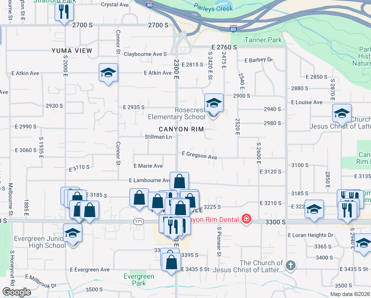map of restaurants, bars, coffee shops, grocery stores, and more near 2334 East Gregson Avenue in Salt Lake City