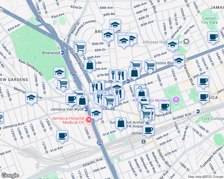 map of restaurants, bars, coffee shops, grocery stores, and more near 139-09 88th Avenue in Queens