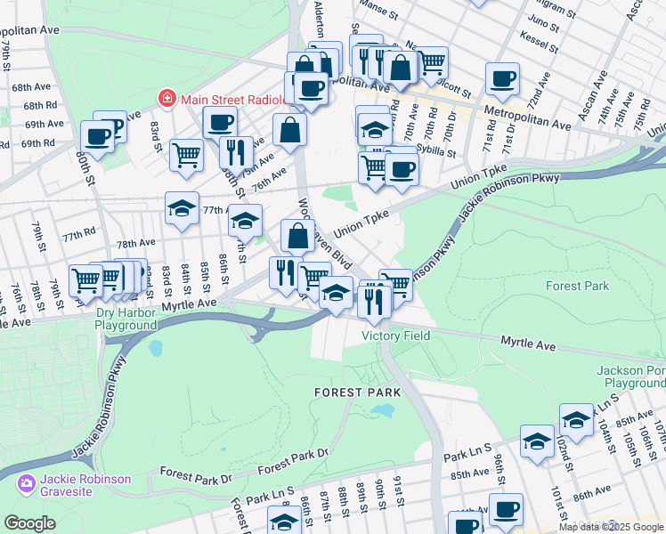 map of restaurants, bars, coffee shops, grocery stores, and more near 88-52 81st Avenue in Queens