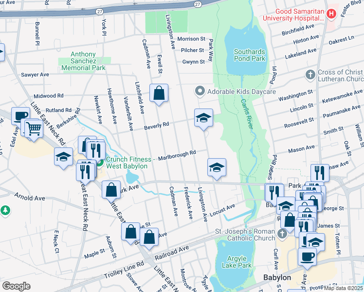 map of restaurants, bars, coffee shops, grocery stores, and more near 20 Marlborough Road in Babylon