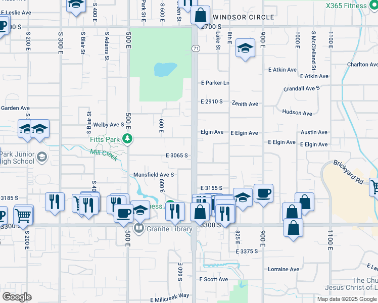 map of restaurants, bars, coffee shops, grocery stores, and more near 3050 South 700 East in South Salt Lake