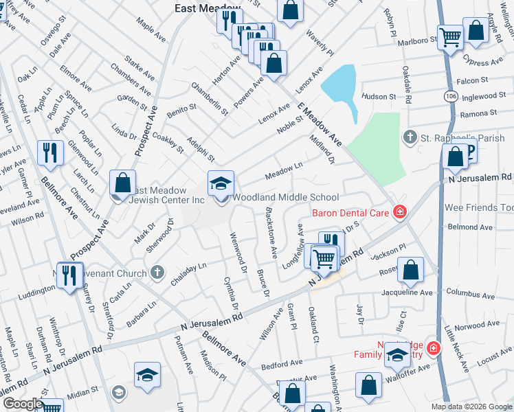 map of restaurants, bars, coffee shops, grocery stores, and more near 716 Blackstone Avenue in East Meadow