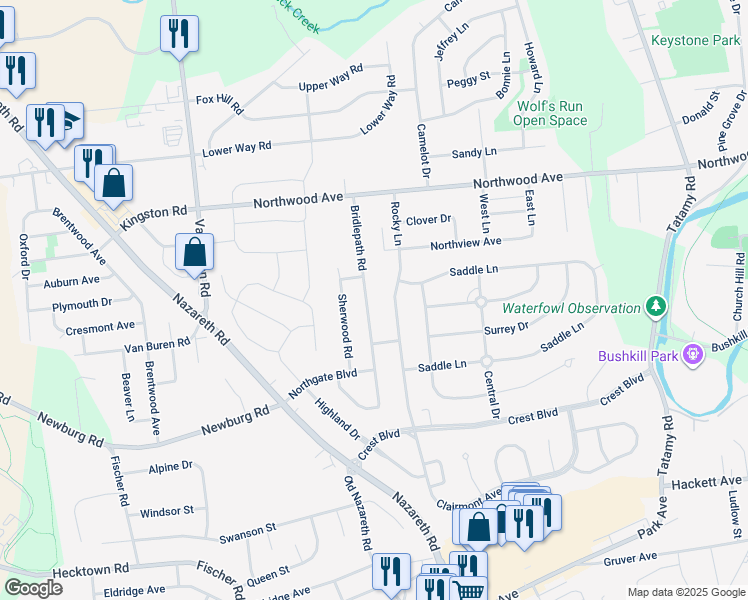 map of restaurants, bars, coffee shops, grocery stores, and more near 3333 Bridlepath Road in Easton