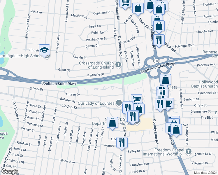 map of restaurants, bars, coffee shops, grocery stores, and more near 24 Town House Drive in Massapequa Park
