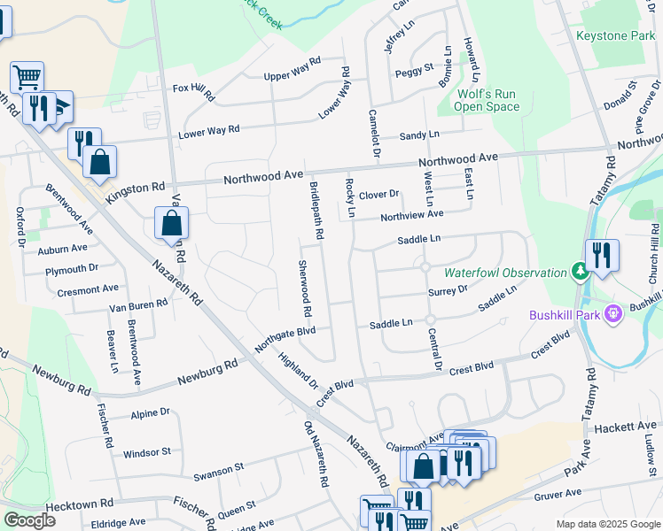 map of restaurants, bars, coffee shops, grocery stores, and more near 3333 Bridlepath Road in Easton