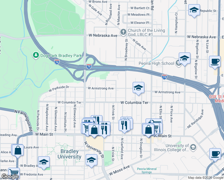 map of restaurants, bars, coffee shops, grocery stores, and more near in Peoria