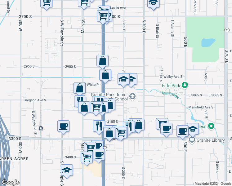 map of restaurants, bars, coffee shops, grocery stores, and more near 156 East Le Banke Avenue in South Salt Lake