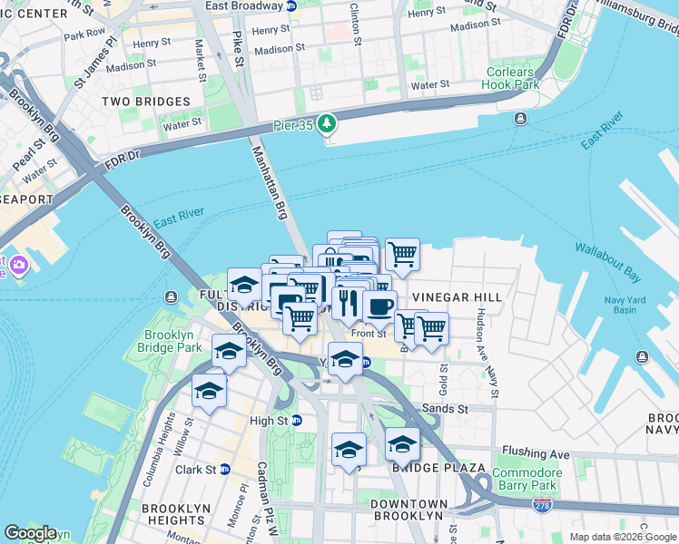 map of restaurants, bars, coffee shops, grocery stores, and more near 1 John Street in Brooklyn
