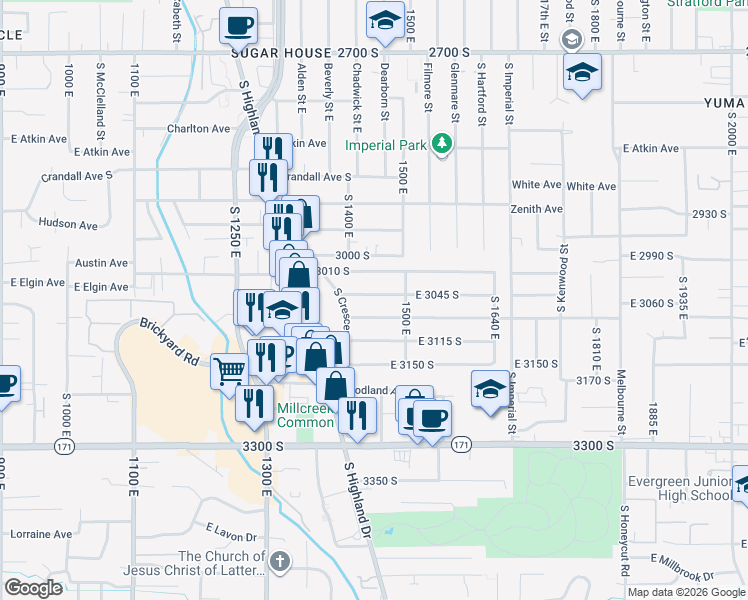 map of restaurants, bars, coffee shops, grocery stores, and more near 1456 East 3045 South in Salt Lake City