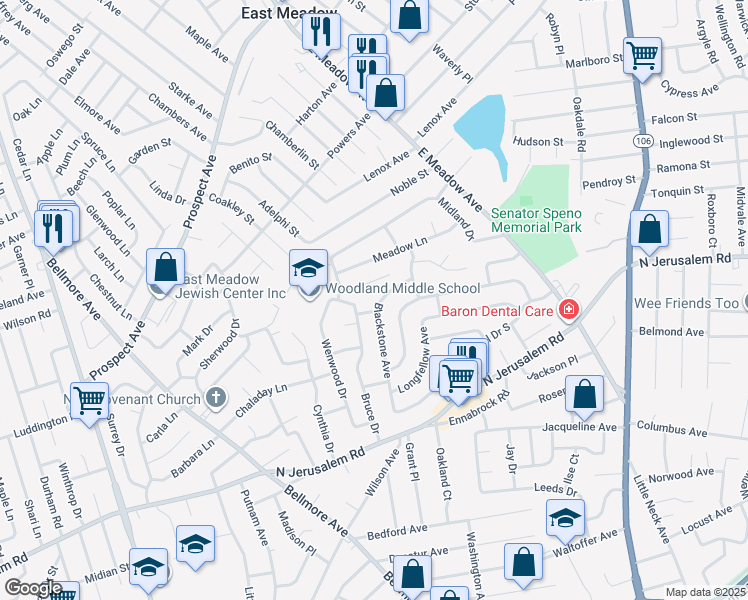 map of restaurants, bars, coffee shops, grocery stores, and more near 716 Blackstone Avenue in East Meadow