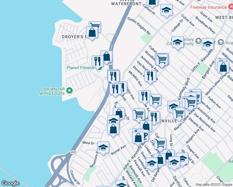 map of restaurants, bars, coffee shops, grocery stores, and more near 391 Danforth Avenue in Jersey City