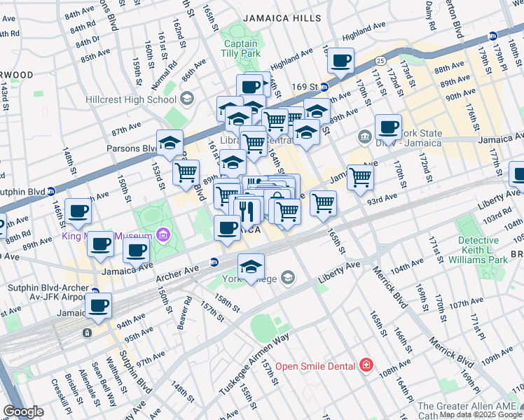 map of restaurants, bars, coffee shops, grocery stores, and more near 162-10 Jamaica Avenue in Queens