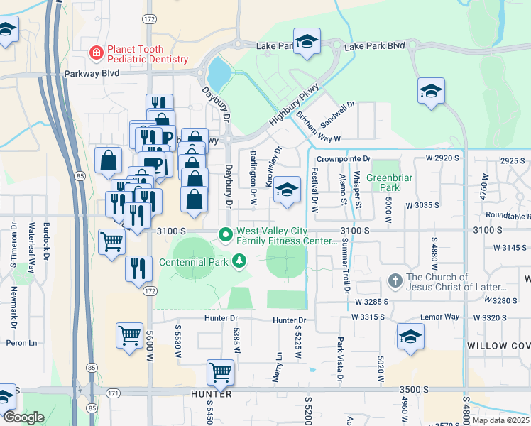 map of restaurants, bars, coffee shops, grocery stores, and more near 3091 Islington Lane in West Valley City