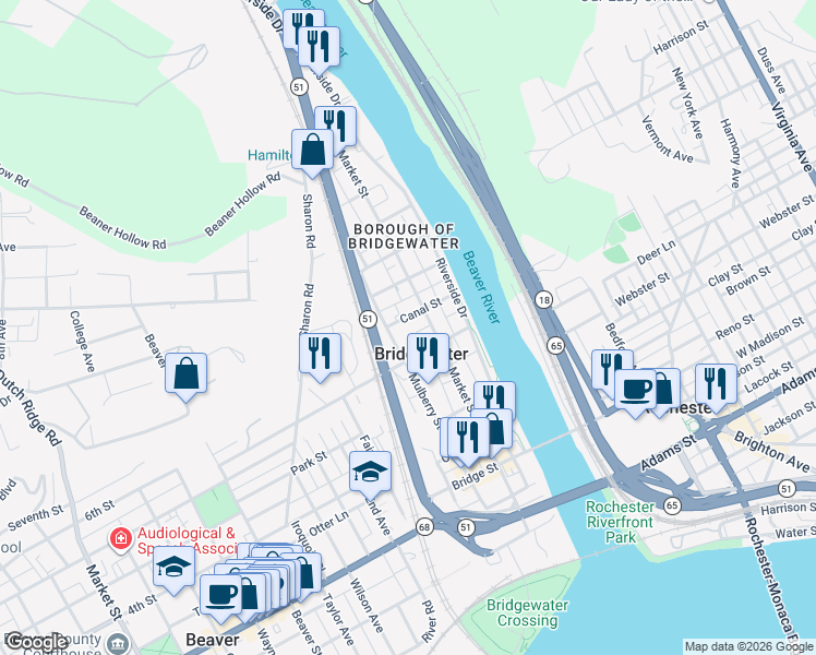 map of restaurants, bars, coffee shops, grocery stores, and more near in Bridgewater