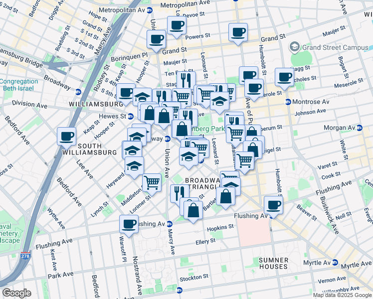 map of restaurants, bars, coffee shops, grocery stores, and more near 541 Broadway in Brooklyn