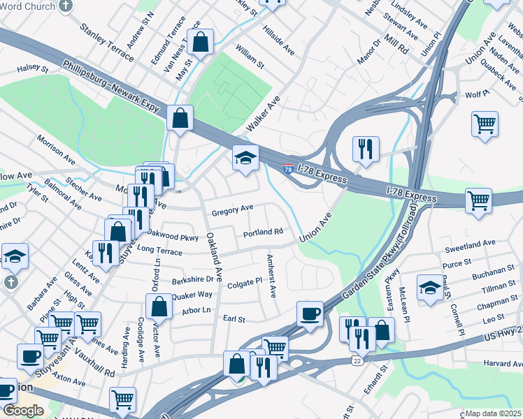 map of restaurants, bars, coffee shops, grocery stores, and more near 9 Hayes Road in Union